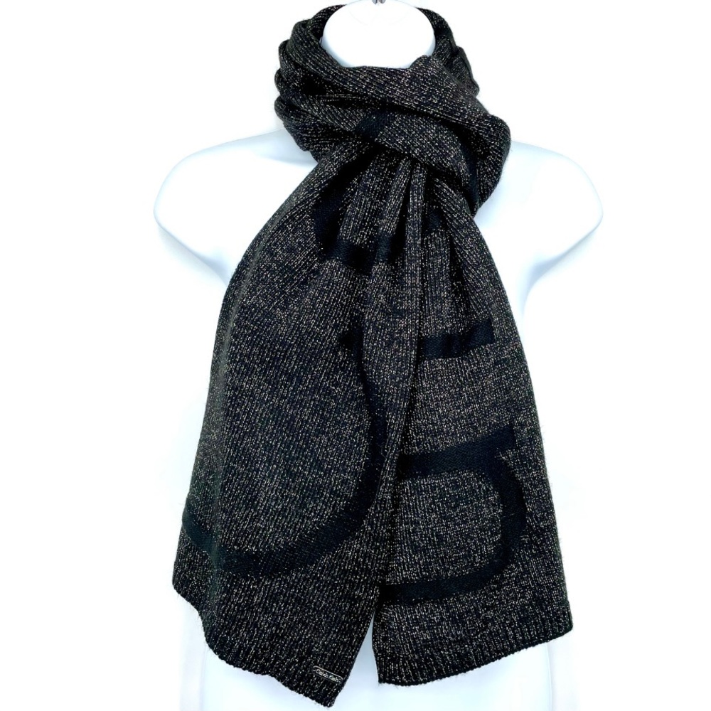 90’s Calvin Klein Metallic Shinmer Black Silver & Gold LOGO WOVEN scarf embossed